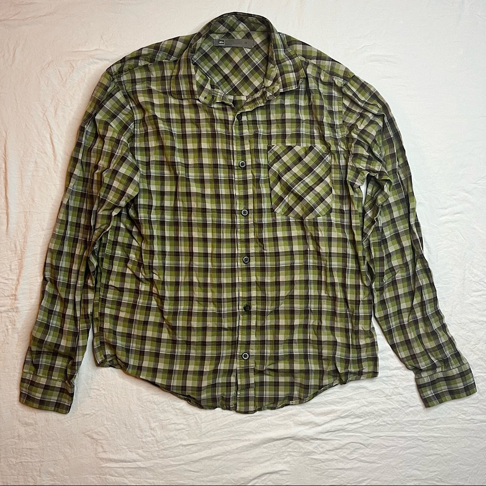 REI Button-Up Long-Sleeve Shirt - (M) - Green Plaid